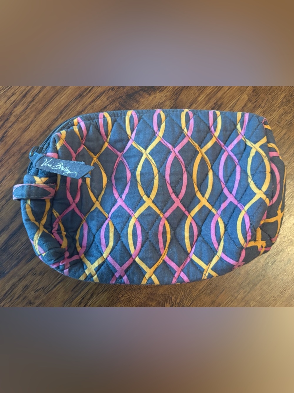 Vera Bradley Quilted Pouch in Charcoal with Pink & Yellow Interlace